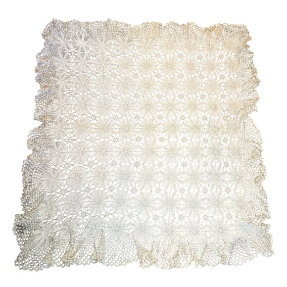 Lace Tablecloth Handmade Crochet  62" Sq Ivory Cotton Farmhouse Cottagecore - Picture 2 of 7
